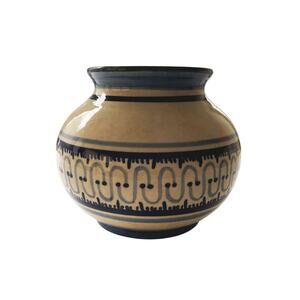 Handcrafted Vase Planter Pottery Painted Glazed Blue Signature Signed  Enupos